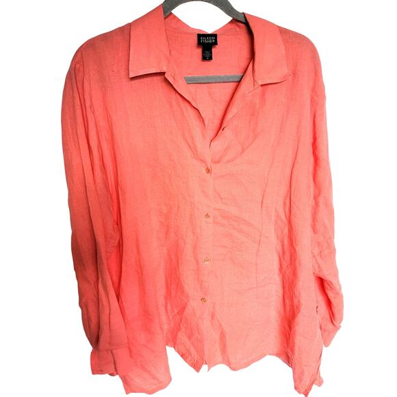 Eileen Fisher Coral Pink 100% Irish Linen Oversized Button-Up Shirt Size Medium - Picture 1 of 11